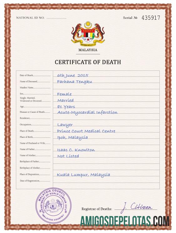 Realista modelo PSD de certidão de óbito da Malásia